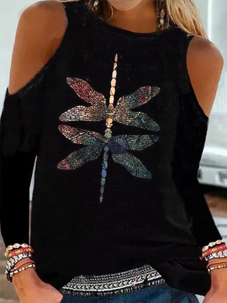 

Dragonfly Print Vacation Casual Off Shoulder Round Neck T-Shirts, Black, Long sleeve tops