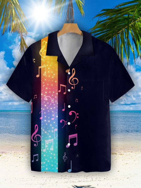 

Mens Music Print Casual Breathable Hawaiian Shirt, Black, Men's Floral shirt