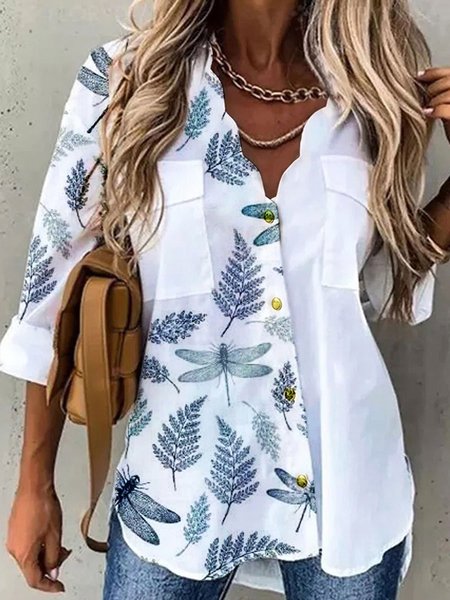 

Dragonfly Printed V Neck Casual Buttoned Pockets Long Sleeve Loosen Shirts & Tops, White, Blouses & Shirts