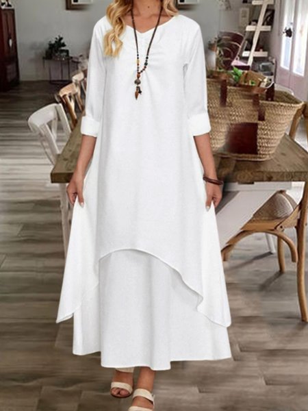 

Crew Neck Elegant Loosen Dresses, White, Casual Dresses