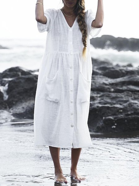 

Plus Size Casual V neck Solid Midi Short Sleeve Short sleeve Woven Dress, White, Midi Dresses