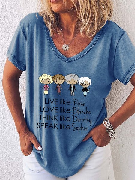 Golden Girls V Neck Casual Short Sleeve T-shirt, Blue, T-shirts