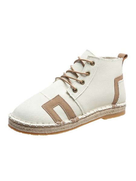 

Denim Panel Faux Leather Straw Lace-Up Casual Ankle Ankle Boots, White, Flats