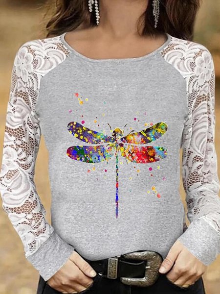 

Cotton Blends lace stitching Basics Dragonfly Shirts & Tops, Gray, Long sleeve tops