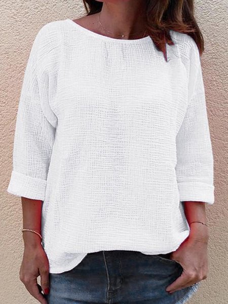 

Casual Solid Round Neck Long Sleeve Shirts & Tops, White, Tops