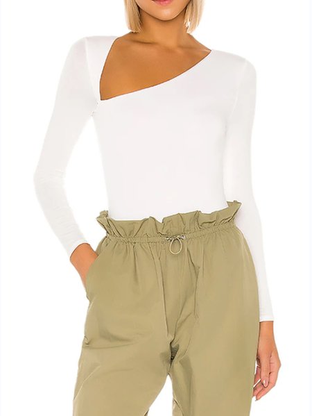

Simple Solid Asymmetrical Neck Minimalist Bodysuit, White, Tops