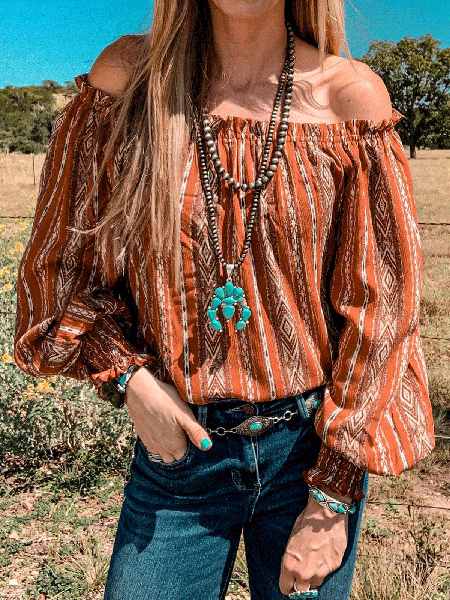 

ethnic print off-the-shoulder top, Red, Tops