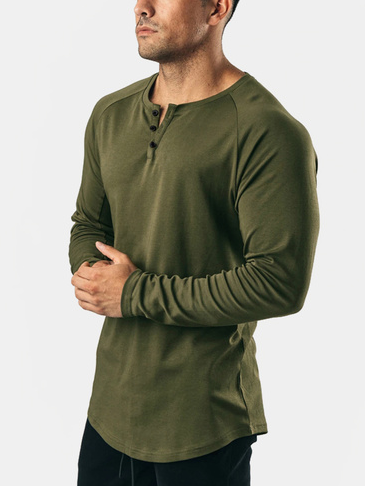 Men's Henley Collar Long Sleeve Tee, Army green, T-shirt