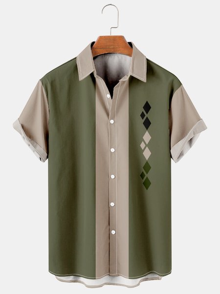 

Casual Art Collection Geometric Stripe Pattern Lapel Short Sleeve Print Shirt Top, As picture, Men's Floral shirt