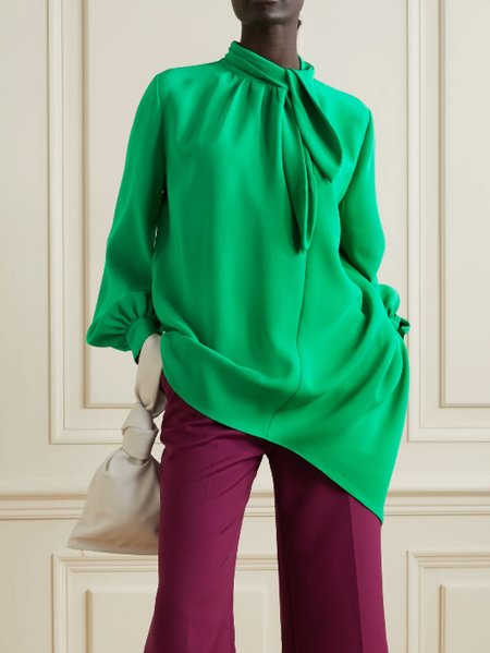 

Loosen Bishop Sleeve Neck Tie Solid Top, Green, Blouses and Shirts