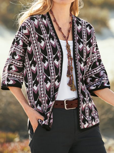 

Loosen Geometric Half Sleeves Kimono Outerwear, Black-white, Outerwear