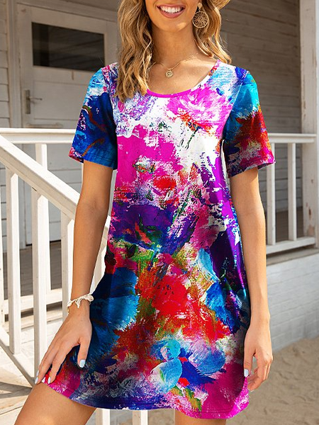 

Pink & Blue Multicolor Abstract Short-Sleeve Shift Dress Ombre Crew Neck Loosen Dresses, Boho dresses