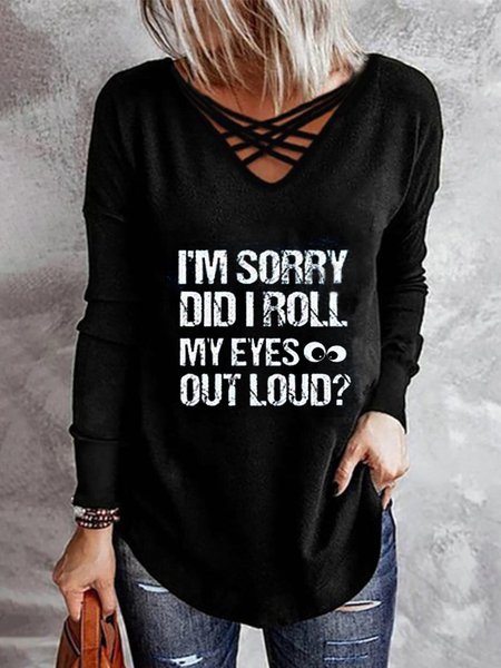 

Letters Long Sleeve Cross V Neck Plus Size Casual Tops, Black, T-Shirts