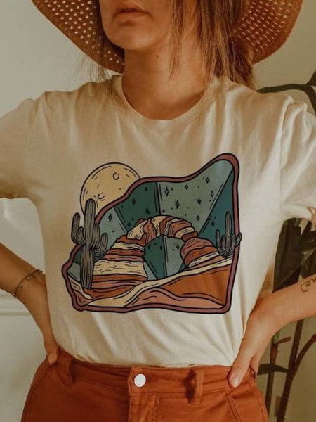 

Abstract Crew Neck Casual Shirts & Tops, Apricot, T-Shirts