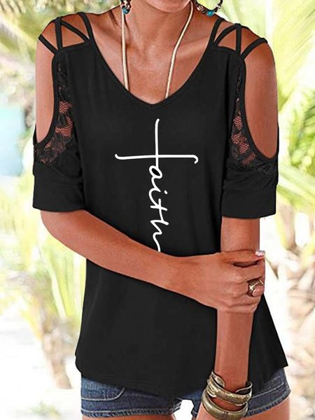 

Letter Cotton Blends Casual Shirts & Tops, Black, T-Shirts