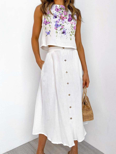 

Two-Piece Floral Button Tank Top and Skirt Casual Suits, White, Suit Set