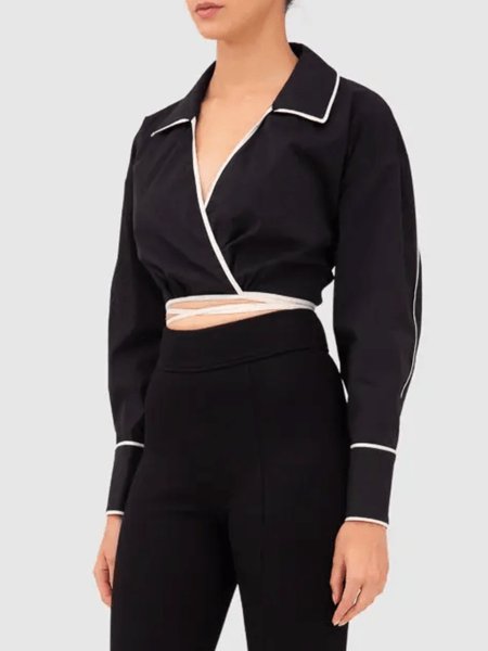 

Spring V Neck Color Block Elegant Daily Long sleeve Tops, Black, Tops