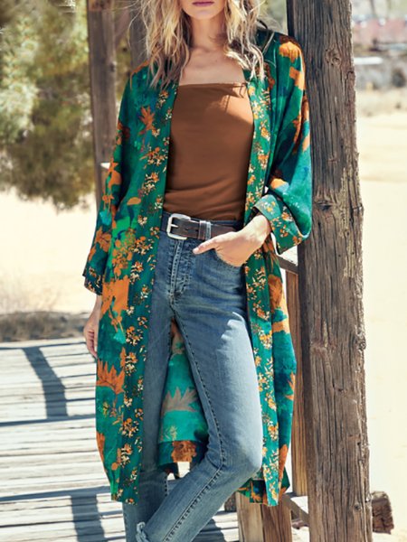 

Stand Collar Loosen Floral Kimono Outerwear, Green, Outerwear