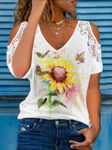 

Lace Floral Vacation Shirts & Tops, White, T-Shirts