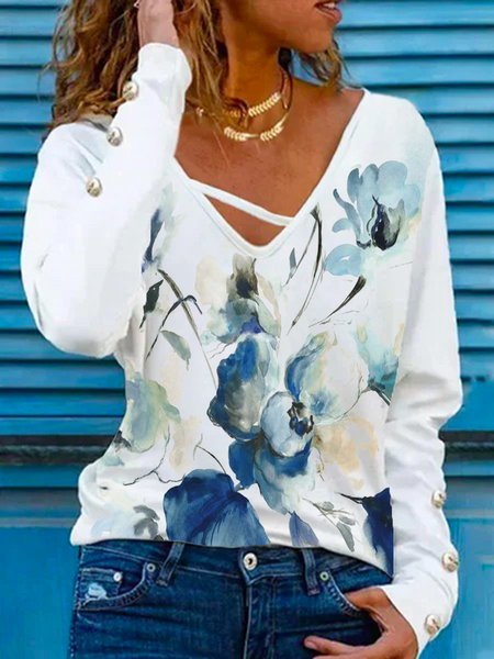 

Floral V Neck Buttoned Long Sleeve Casual Loosen Shirts & Tops, White, T-Shirts