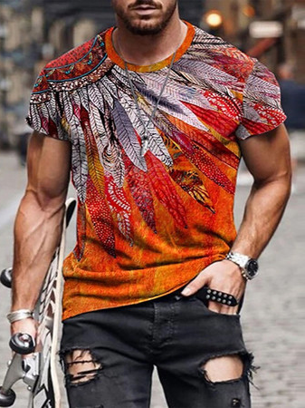 

Casual Sports 3D Digital Indian Feather Print T-Shirt, Red, T-shirt