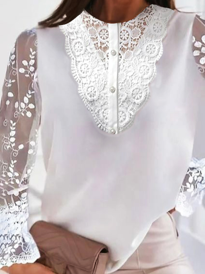 

Plain Basics Crew Neck lace stitching Shirts & Tops, White, Long sleeve tops