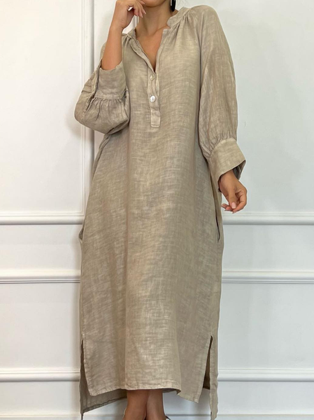 Stand Collar Casual Plain Dresses, Khaki, Maxi Dresses