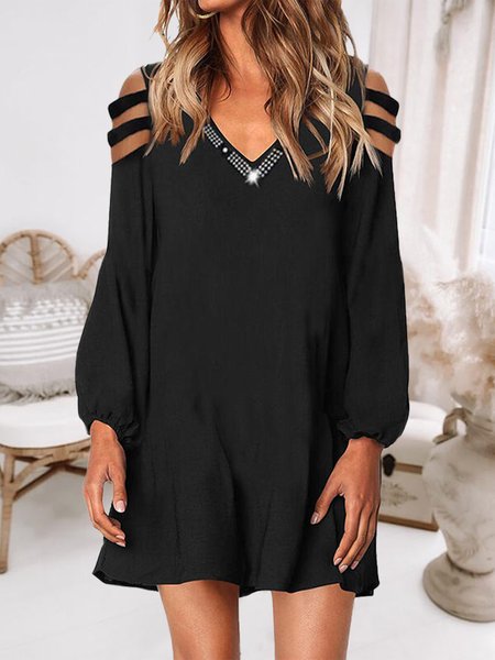 

V Neck Rhinestone Plain Loosen Dresses, Black, Casual Dresses