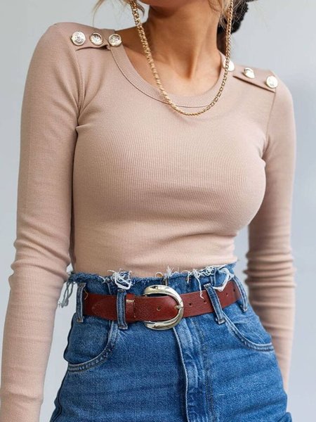 

Casual Round Neck Plain Shirts & Tops, Light khaki, T-Shirts