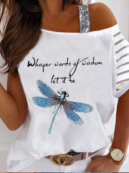 

Cotton Blends Crew Neck Dragonfly Shirts & Tops, White, T-Shirts