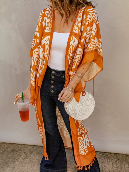 

Holiday Casual Cape Collar Printed Tassel Open Front Kimono, Orange, Outerwear
