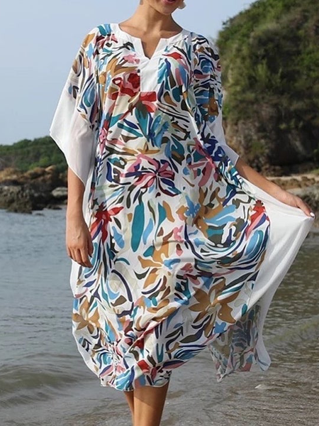 

Loosen Notched Floral Short sleeve Woven Dress, White, Midi Dresses