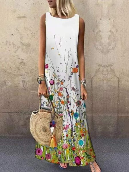 

Loosen Floral Vacation Dresses, White, Maxi Dresses