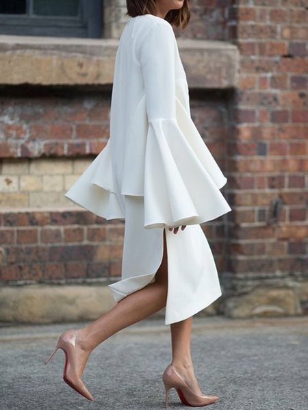 

Flare Sleeve V Neck Solid Flouncing Side Slit Dress, White, Midi Dresses
