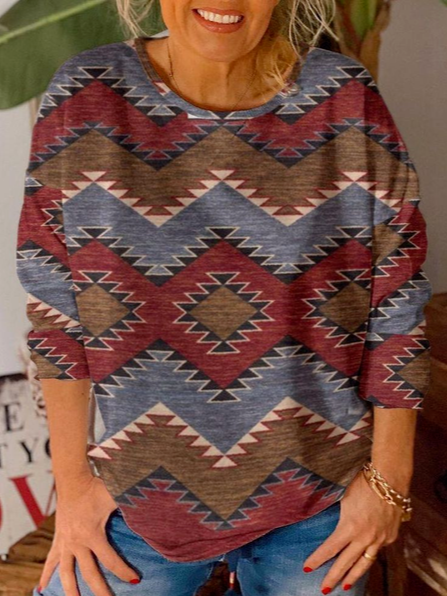 

Plus Size Tribal Crew Neck Shirts & Tops, Multicolor, Long sleeve tops
