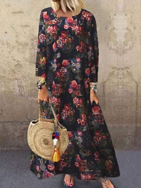 

Vintage Cotton Blends Floral Dresses, Black, Maxi Dresses