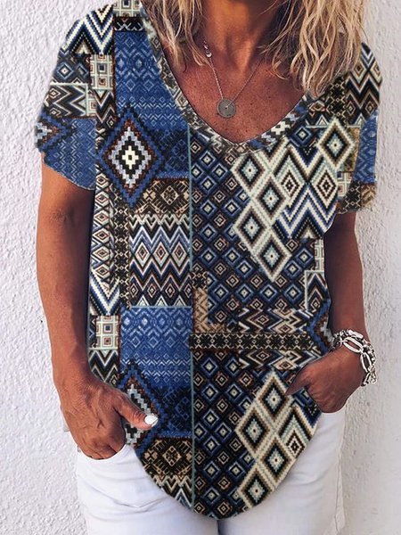 

Geometric Printed Tribal Shirts & Tops, Blue, T-Shirts