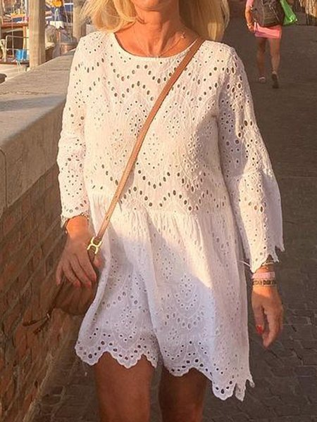 

Cotton Boho Crew Neck Dresses, White, Mini Dresses