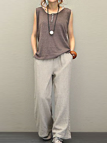 

two-piece cotton and linen vest Simple Henley Suits, Khaki, Suit Set