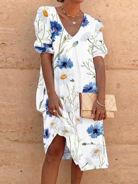 

Casual Vacation Cotton Blends Regular Fit Floral Short sleeve Dresses, White, Midi Dresses