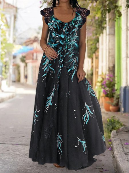 

Plus Notched Neck Guipure Lace Trim Floral Dress, Black, Floral Dresses