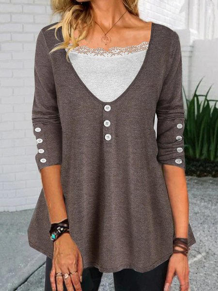 

Casual Lace Long Sleeve V Neck Daily Shirts & Tops, Khaki, T-Shirts