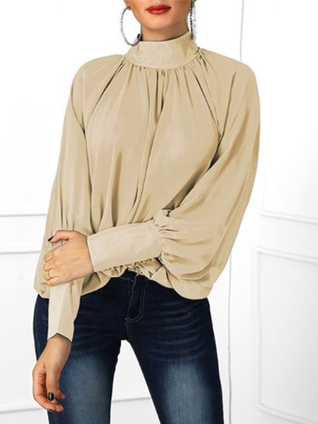 

Elegant Solid Long Sleeve High Neck Regular Fit Top, Camel, Tops