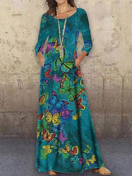 

Crew Neck Vacation Cotton Blends Dresses, Cyan, Boho dresses