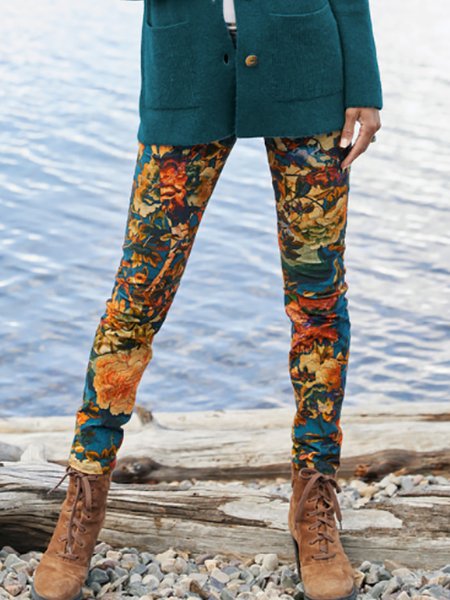 

Floral Elasitc Waist Vintage Leggings, As picture, Leggings