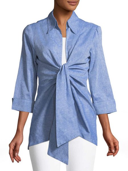 

Shirt Collar Regular Fit Plain Daily Top, Blue, Blouses and Shirts