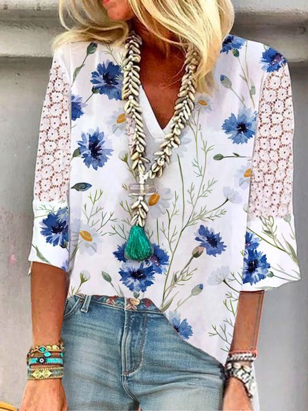 

Lace Loosen Vacation Floral Shirts & Tops, Multicolor, Blouses & Shirts