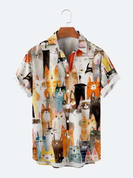 

Casual Cat Print Short Sleeve Shirt, As picture, Short Sleeves Shirts