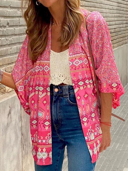 

Casual Boho Tribal Long Sleeve Outerwear, Pink, Outerwear