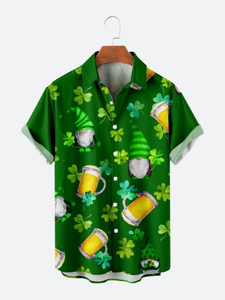 St. Patrick's Day Gnome Print Short Sleeve Shirt, Green, Short Sleeves Shirts